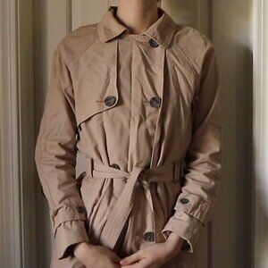 Zara Girls Trench Coat 13-14 Khaki Raglan Sleeves Tie Belt Pockets Shoulder Flap
